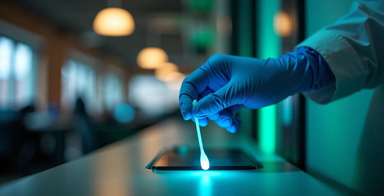 Close-up macro view of ATP testing swab showing luminescent reaction on office surface
