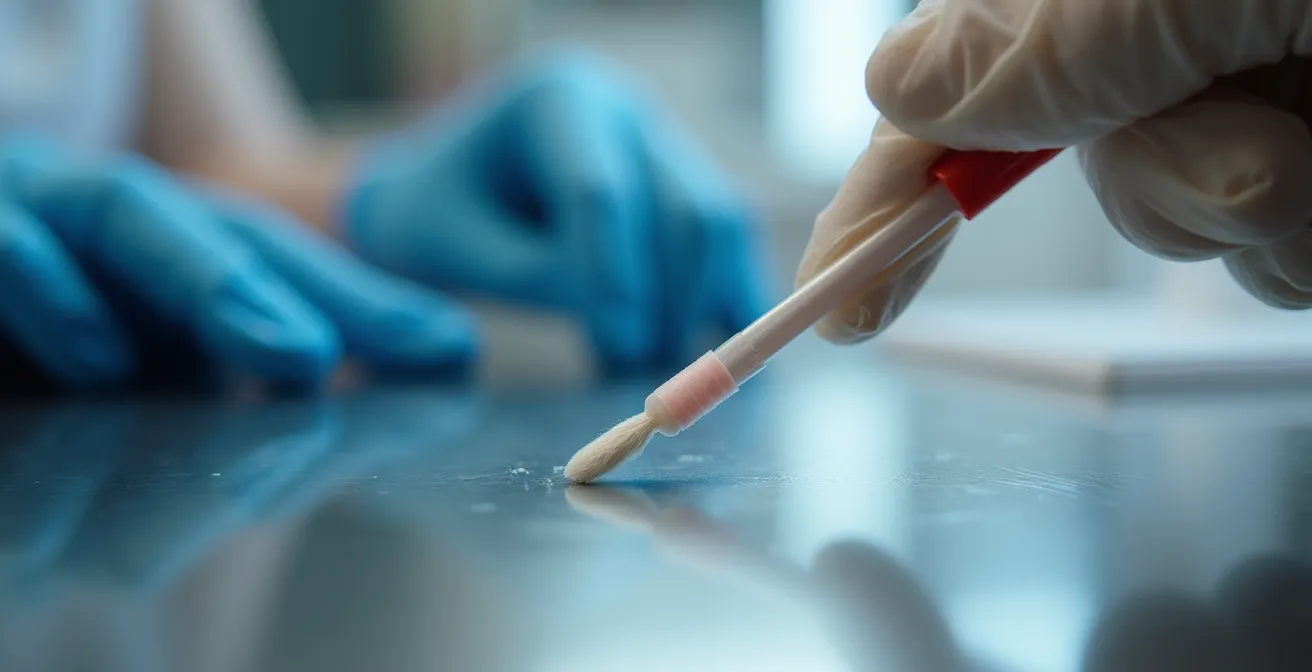 Extreme close-up of ATP testing swab on stainless steel surface showing testing technique