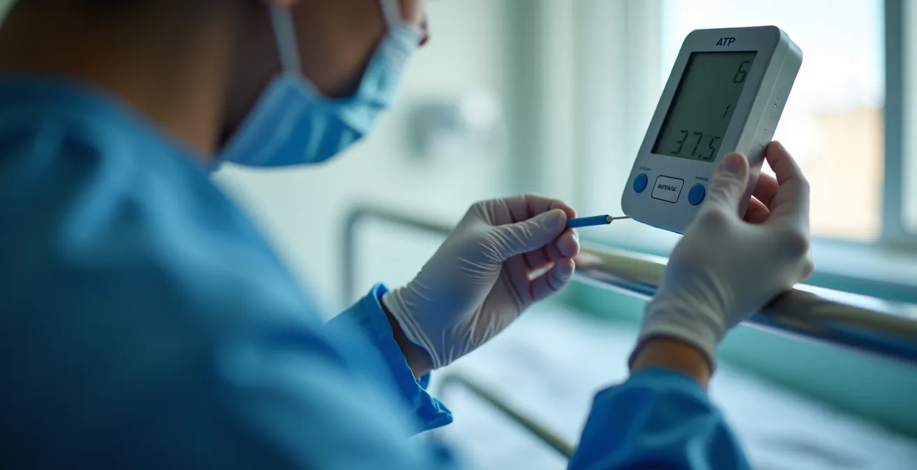 Healthcare worker using an ATP testing swab to scientifically validate surface disinfection on a hospital bed rail.