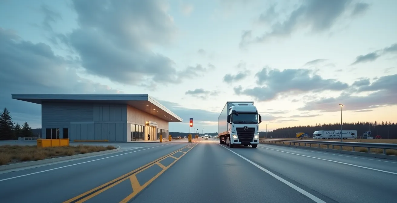 Wide environmental shot of commercial truck inspection at Quebec border crossing facility