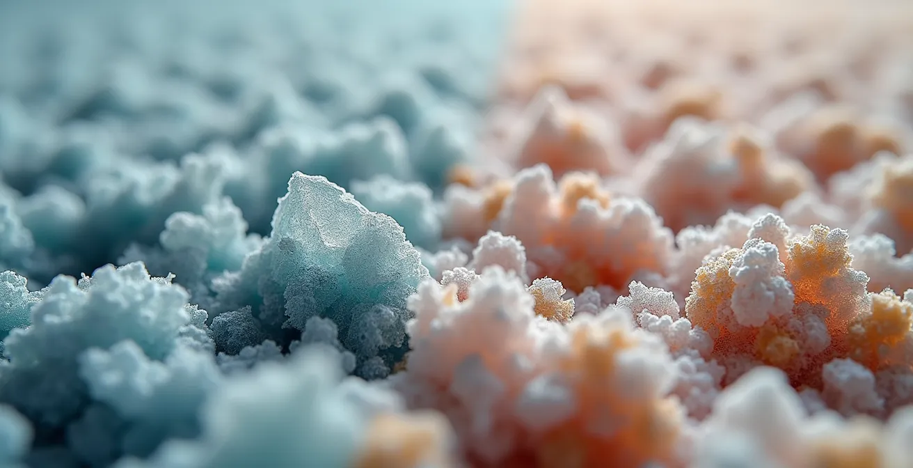 Extreme close-up of salt crystals embedded in carpet fibers showing damage patterns