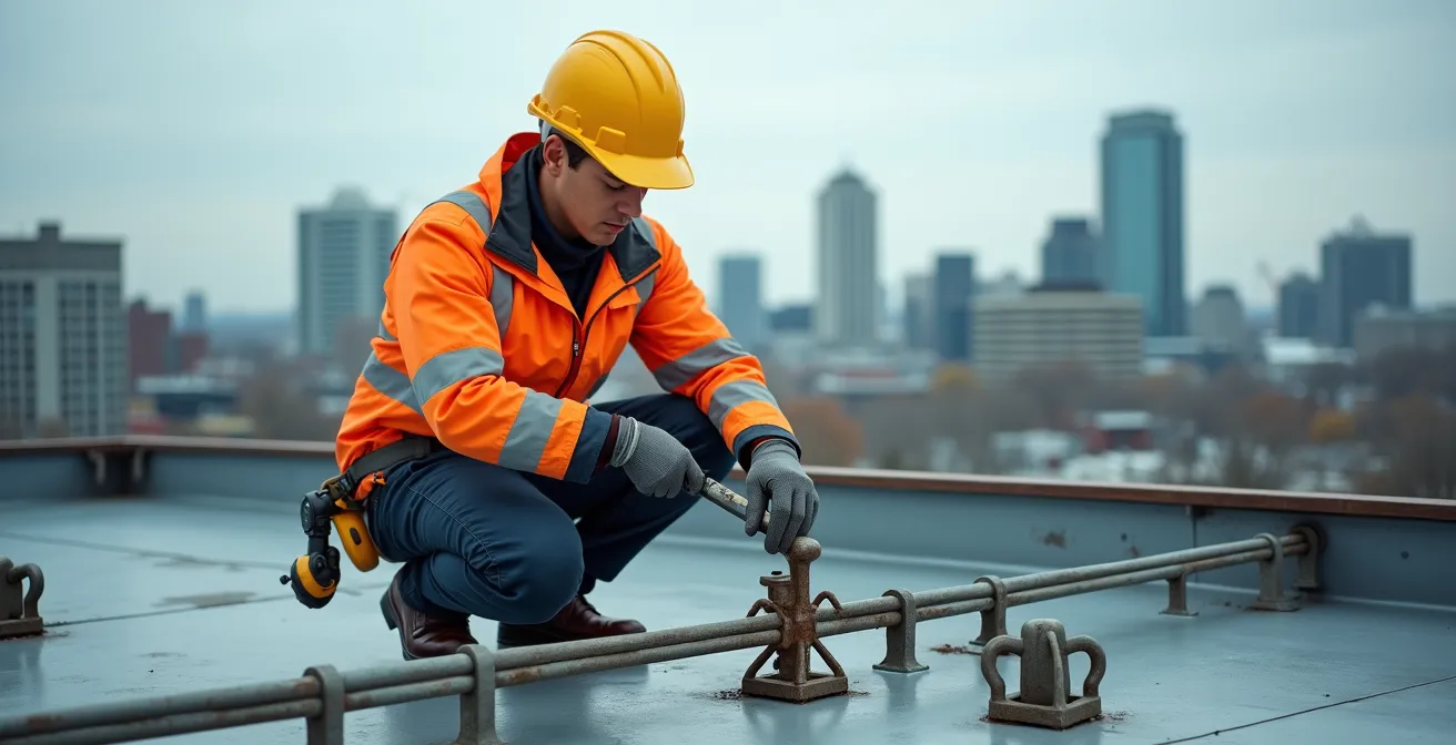 Professional engineer inspecting roof anchor points on Quebec commercial building