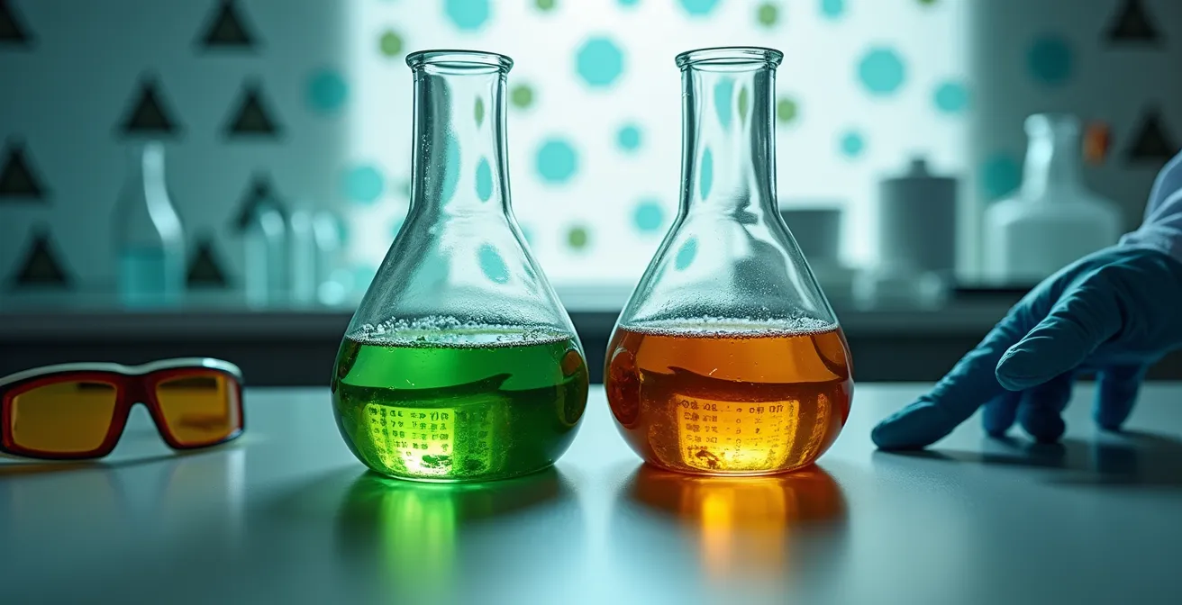 Laboratory demonstration of chemical reactions between cleaning products with safety equipment
