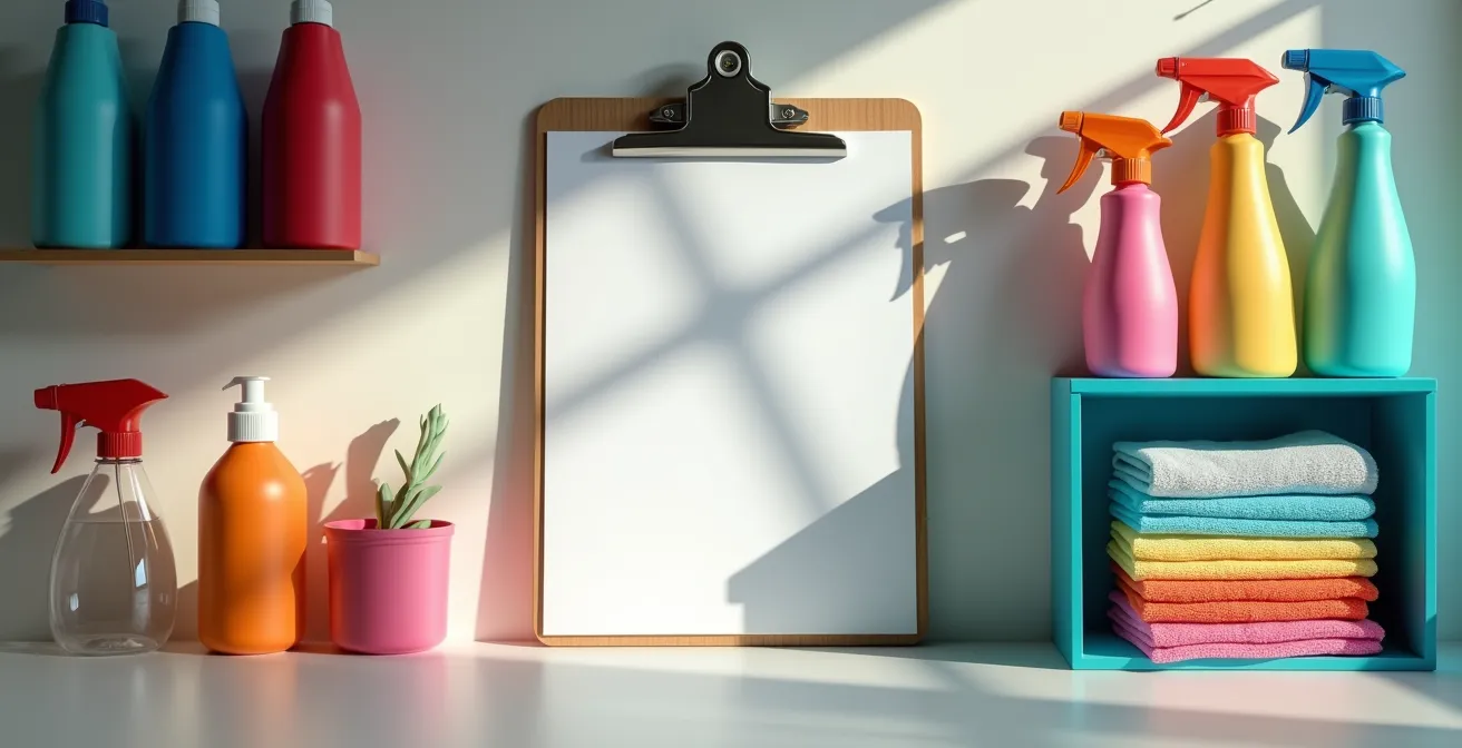 Wall-mounted cleaning station with organized supplies and checklist system