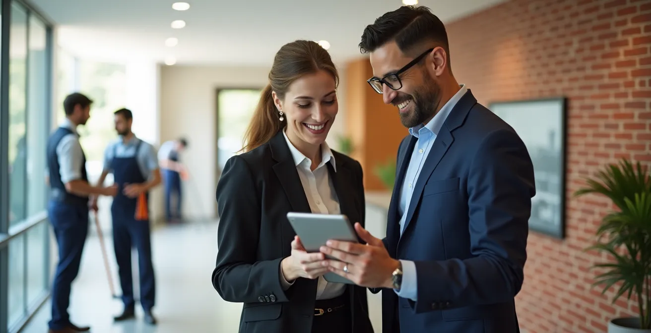 Property manager and cleaning supervisor reviewing digital checklist together in modern office lobby
