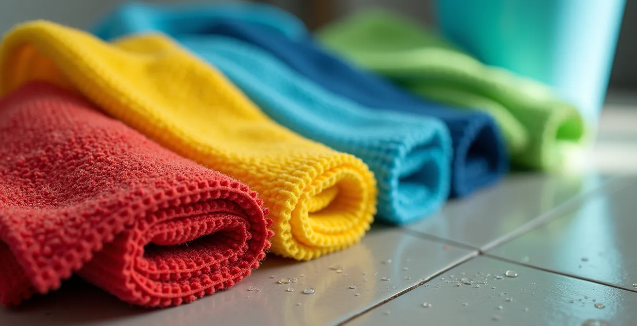 Professional cleaning supplies arranged by color coding system for zone management