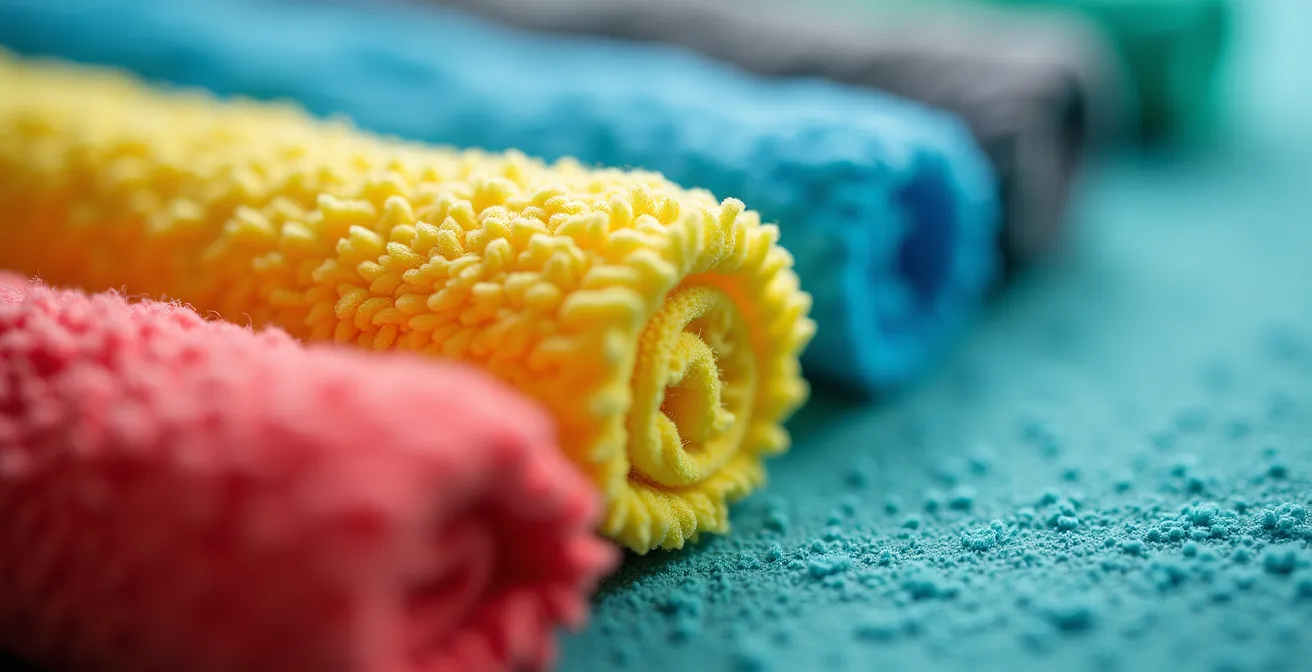 Macro photograph showing color-coded microfiber cleaning cloths arranged systematically