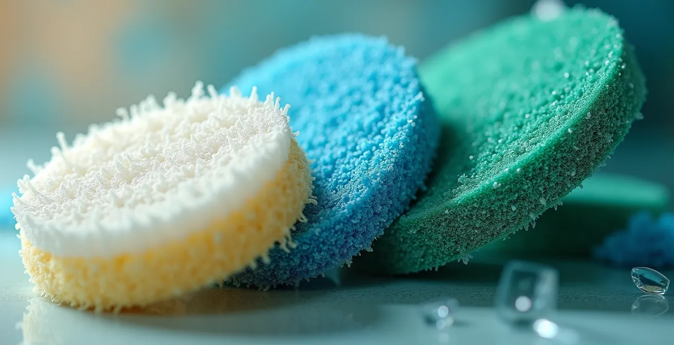 Color-coded cleaning sponges arranged by abrasiveness level, showing textural differences.