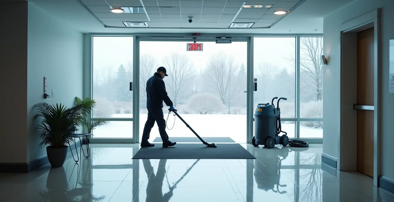 Professional cleaner using HEPA vacuum on salt-covered commercial floor
