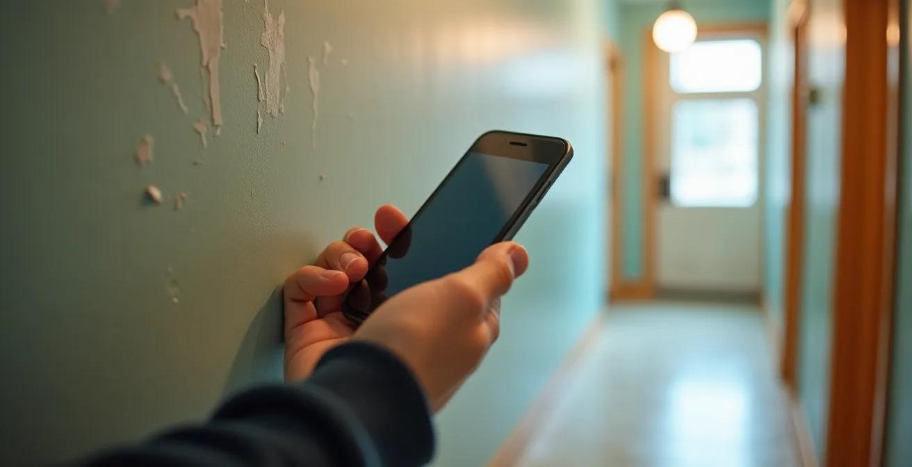 New condo owner documenting hallway condition with smartphone before move-in