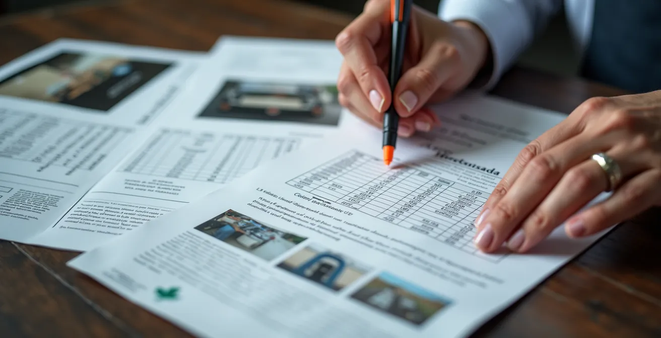 Close-up of hands organizing compliance documents and photos on desk
