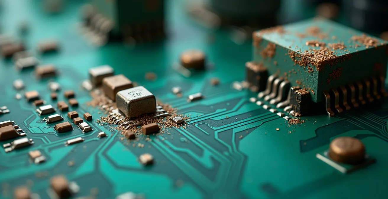 Extreme close-up of circuit board showing corrosion damage from improper aerosol cleaner use
