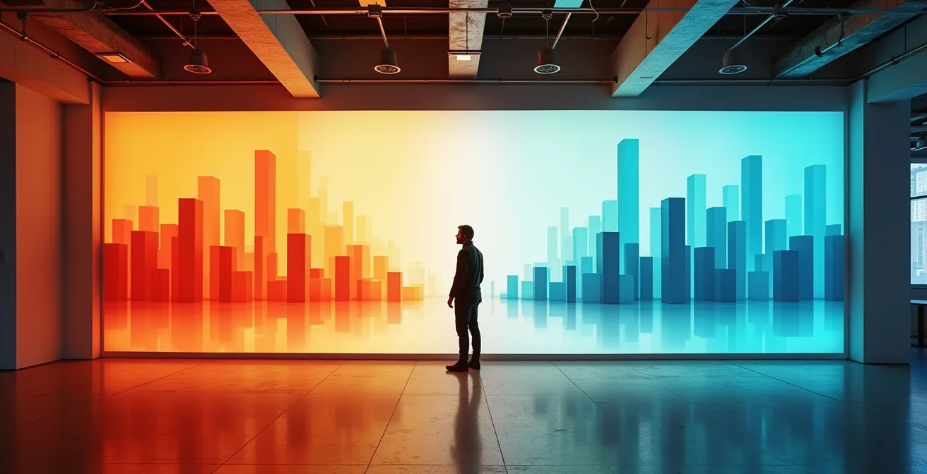 Property manager analyzing cleaning request patterns on wall-mounted display showing graphs and heat maps