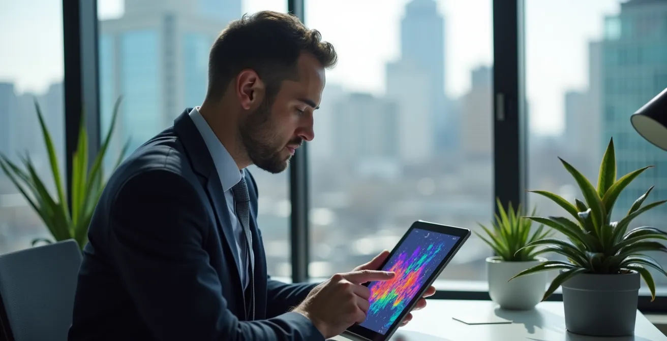 Professional analyzing cleaning data patterns on tablet in modern Quebec office building