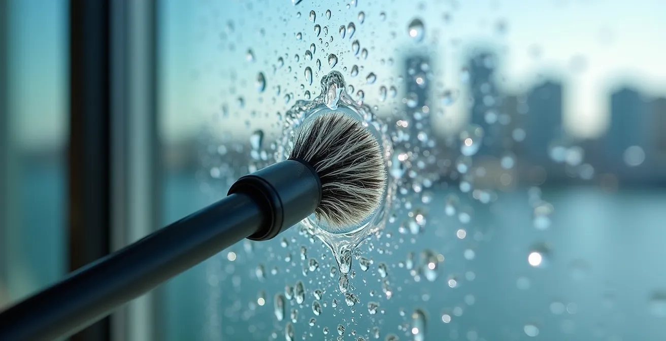 Macro view of water-fed pole brush with pure water flowing onto glass surface