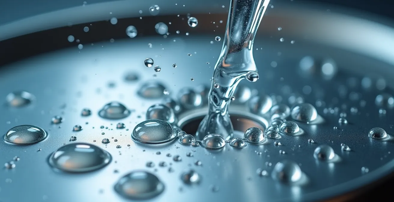 Close-up demonstration of proper disinfectant contact time on a visibly wet surface.