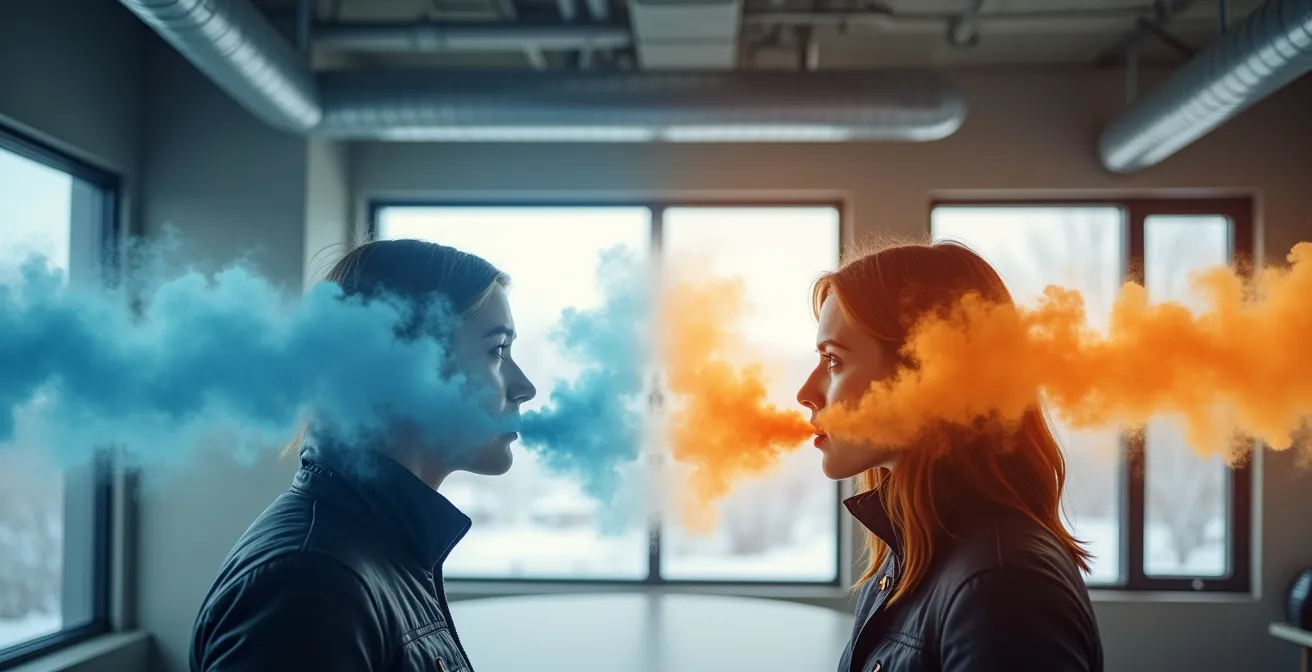 Energy recovery ventilation system in Quebec office building showing air flow patterns during winter