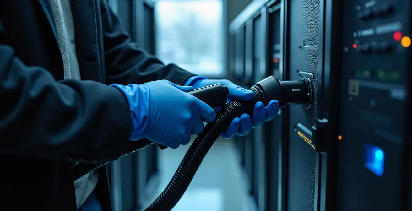 Technician using grounded ESD-safe equipment to clean server racks in Montreal facility
