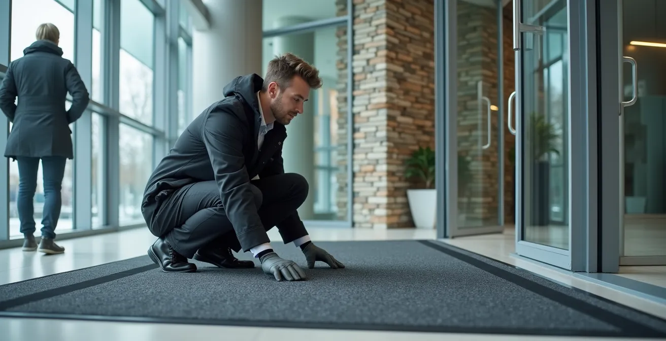 Professional facility manager inspecting entrance mat edges during Quebec winter maintenance routine