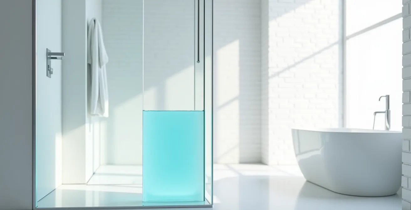 Thick blue cleaning gel slowly sliding down a glass shower door surface