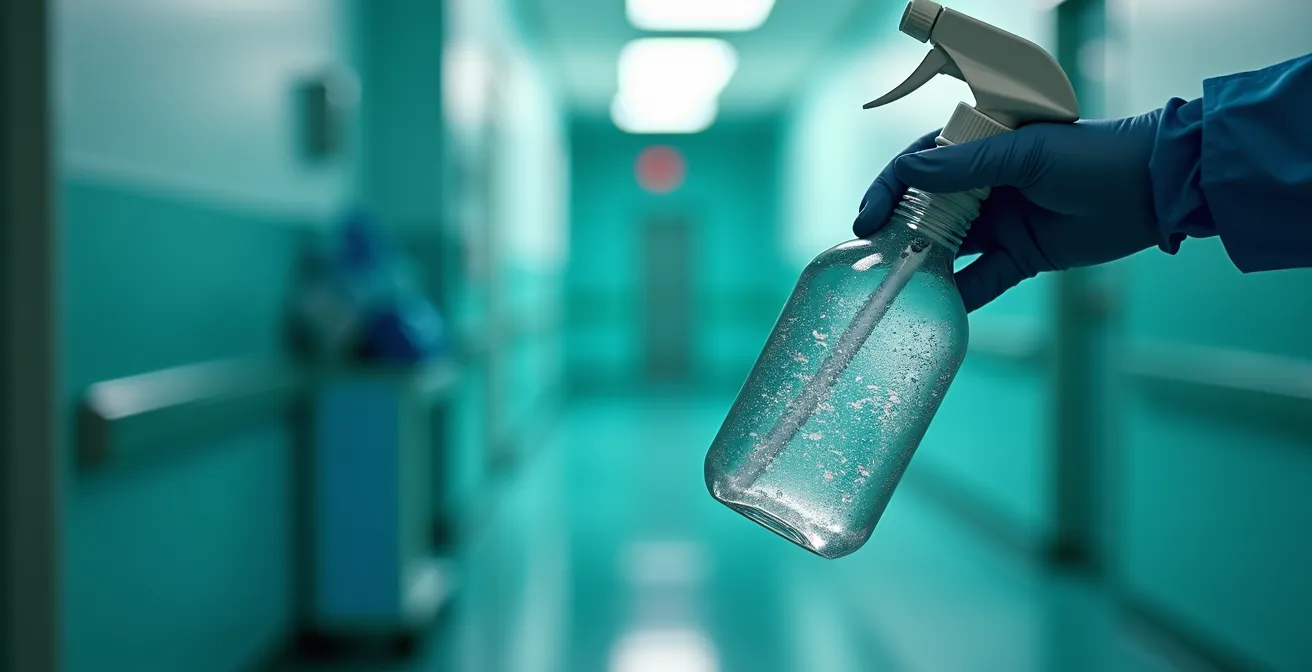 Close-up of healthcare professional examining disinfectant product documentation