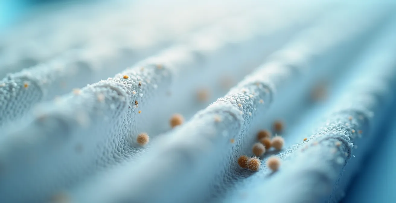 Macro detail of HEPA filter fibers capturing spring allergens