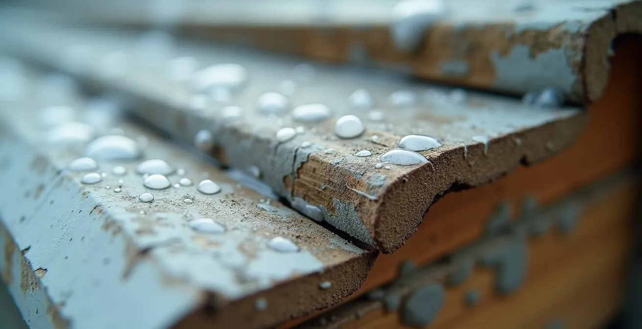 Extreme close-up of water penetration behind vinyl siding showing moisture trapped in wall cavity