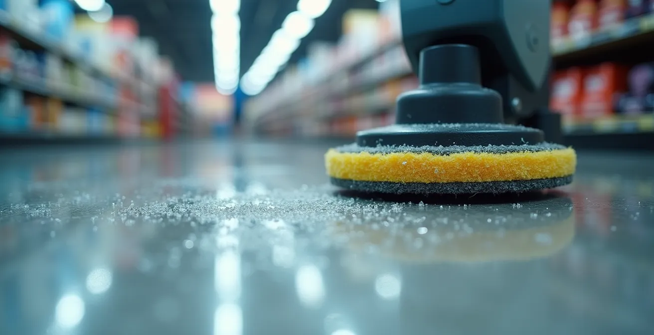 Extreme close-up of a high-speed floor burnishing pad working on a VCT surface, polishing away micro-scratches.