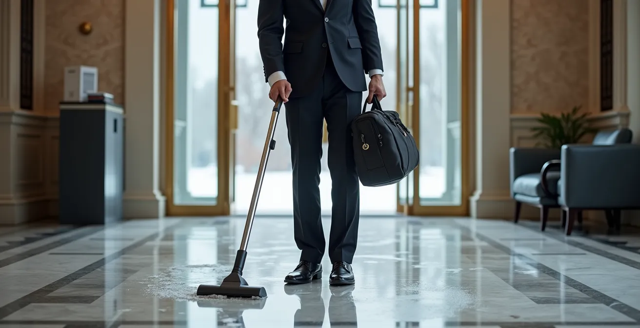 Professional day porter maintaining entrance area during Quebec winter with visible care and attention