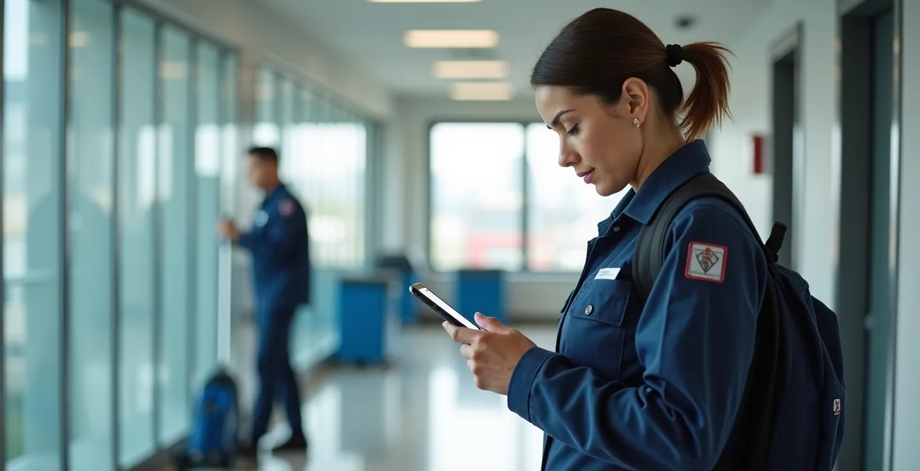 Professional maintenance worker carefully recording inspection details on digital tablet in commercial space