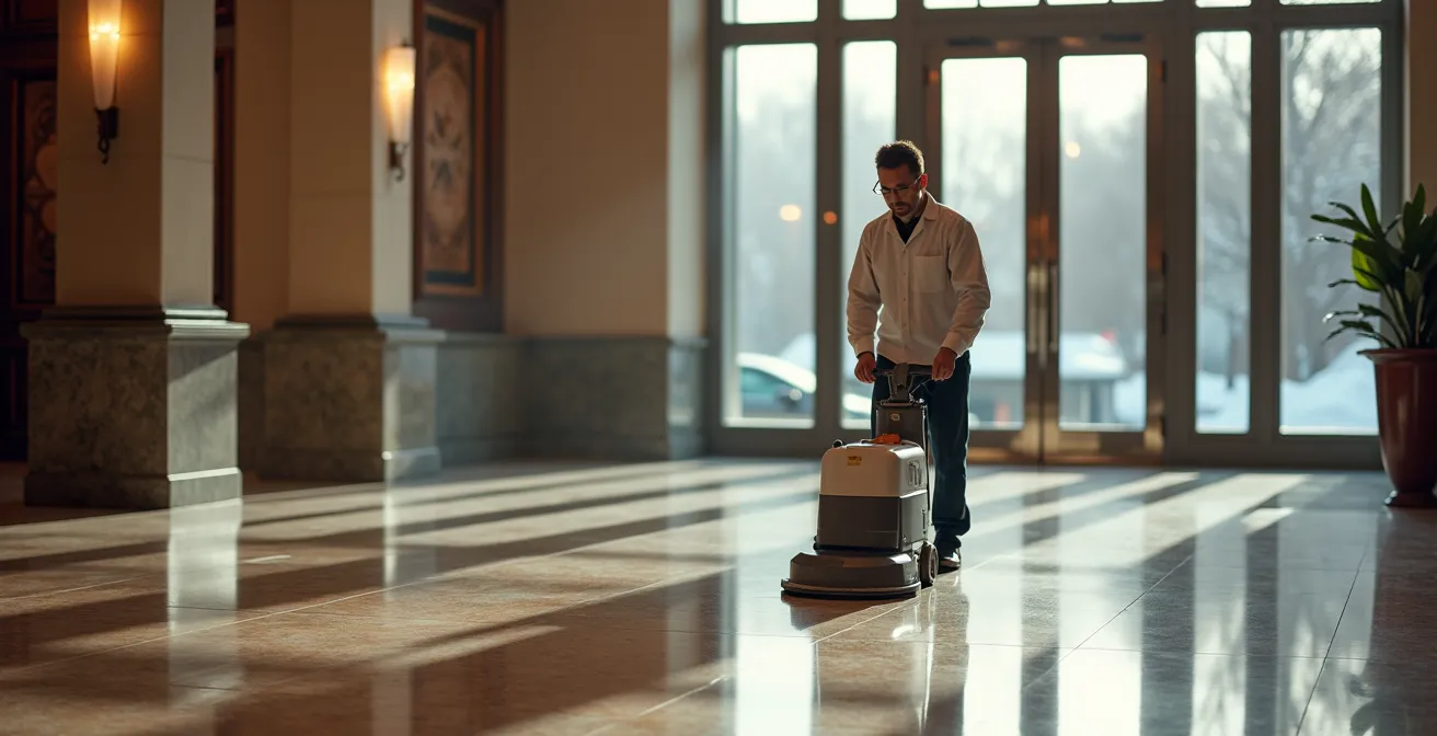 Building maintenance professional using high-speed burnisher on glossy terrazzo floor in upscale Montreal commercial lobby