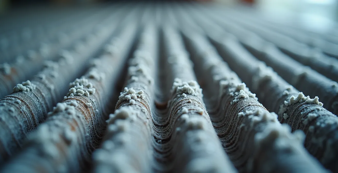 Extreme close-up of dust-covered HVAC coil fins showing insulation effect