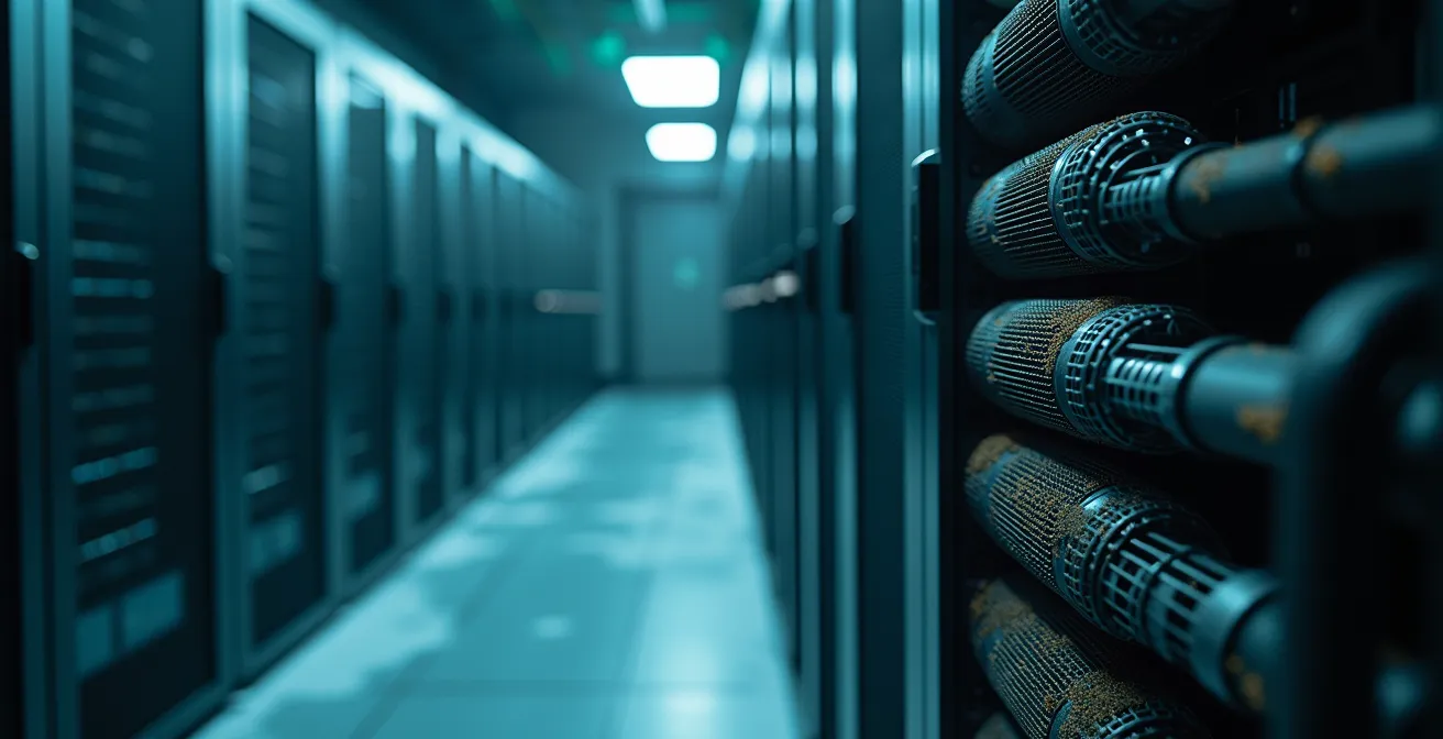 Wide shot of HVAC cooling coils showing dust buildup in Montreal data center environment