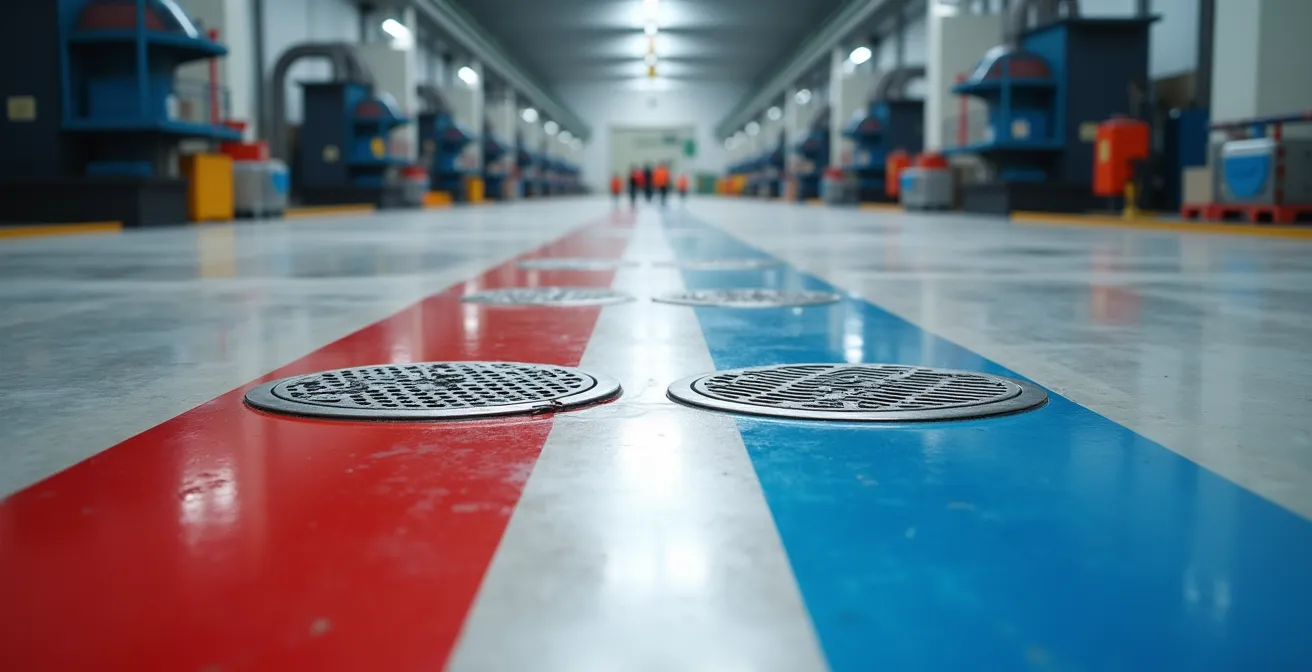 Wide shot of industrial facility floor showing color-coded drainage system with red and blue painted channels
