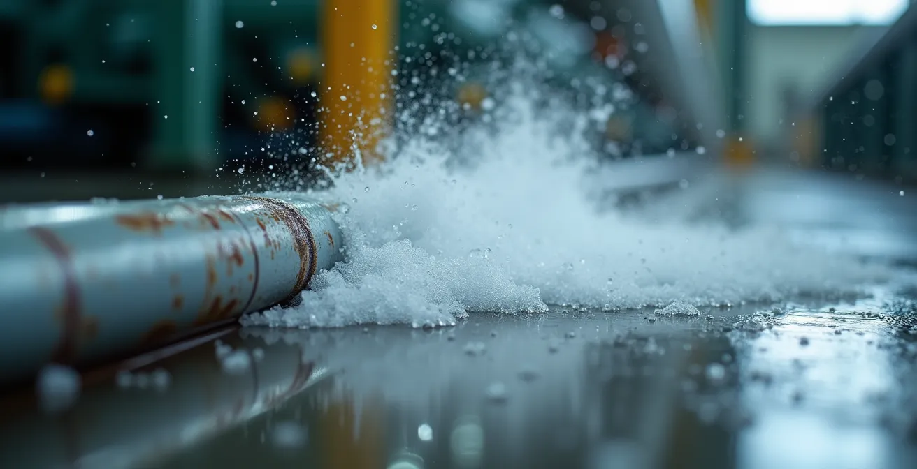 Close-up macro shot of dry ice blasting equipment cleaning industrial overhead pipes without water