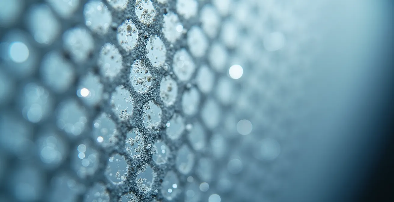 Close-up macro shot of HEPA filter system capturing crystalline silica particles in industrial vacuum equipment