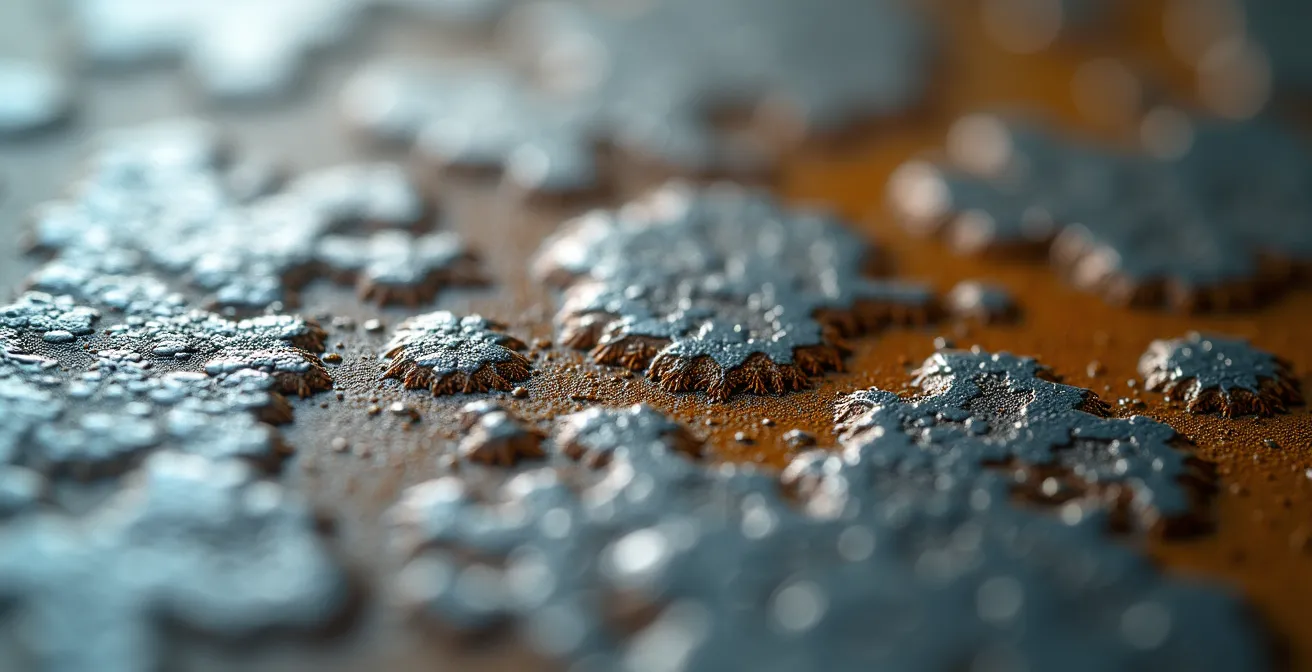 Extreme close-up of biofilm texture on industrial surface showing microscopic contamination patterns