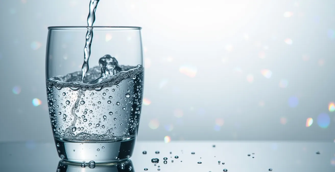 Extreme macro shot of spotlessly clean glass surface with water droplets showing surface tension