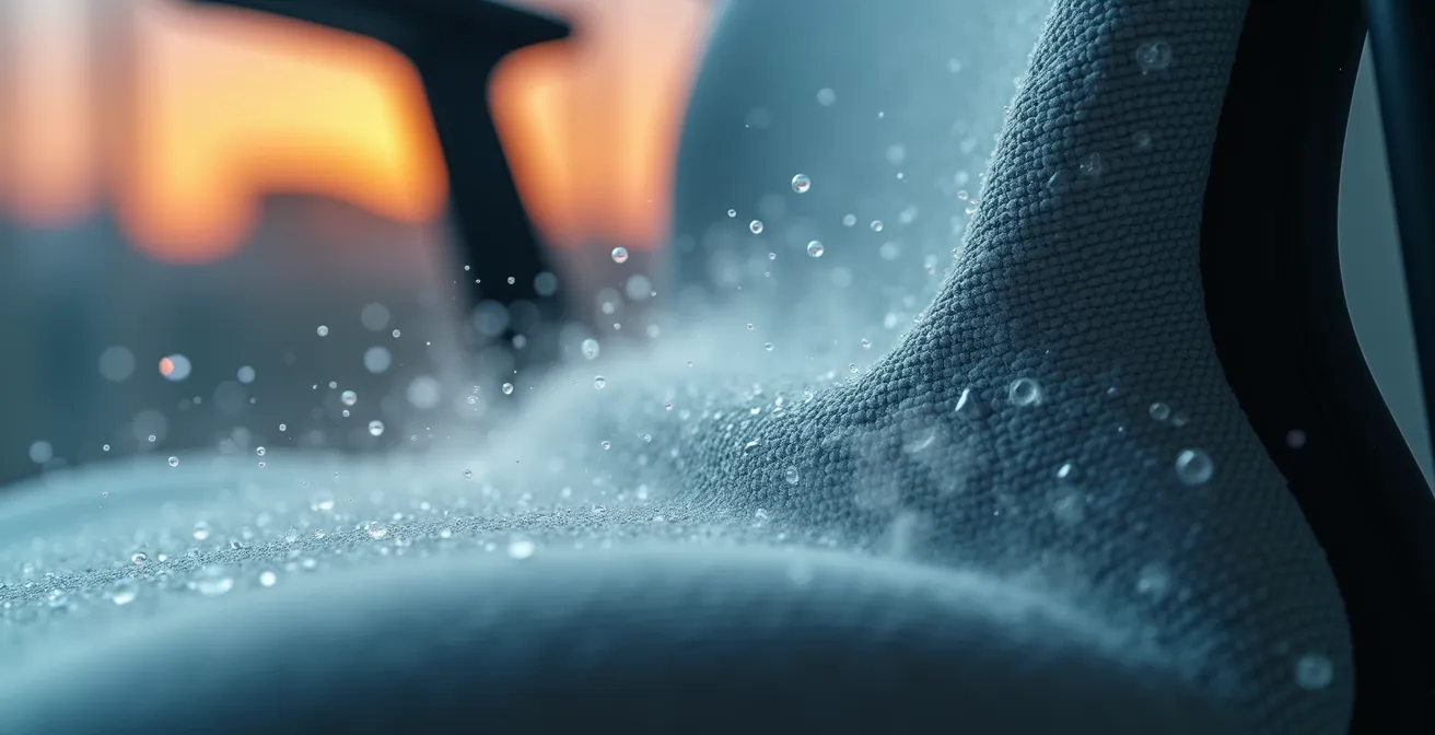 Macro view of charged droplets wrapping around office furniture surface