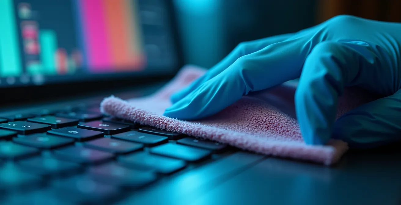 Extreme close-up of professional cleaning a keyboard with specialized microfiber cloth