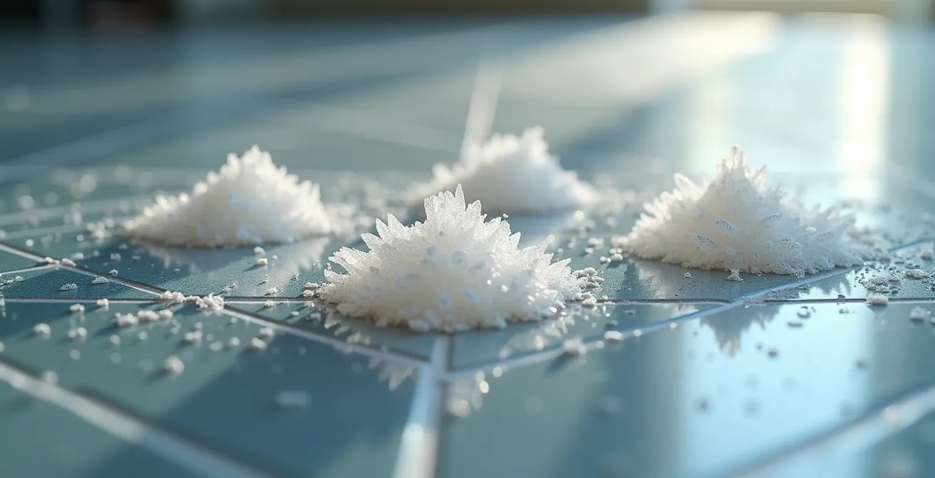 Extreme close-up of salt crystal deposits on commercial flooring showing texture and buildup patterns