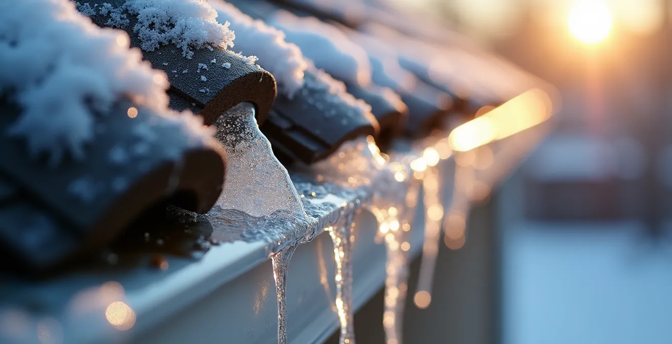 Close-up macro view of ice crystals forming at the junction between roof shingles and gutter edge
