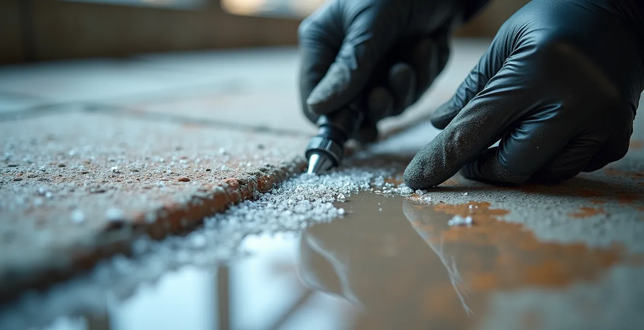 Extreme close-up of professional applying protective sealant to porous stone surface in commercial setting