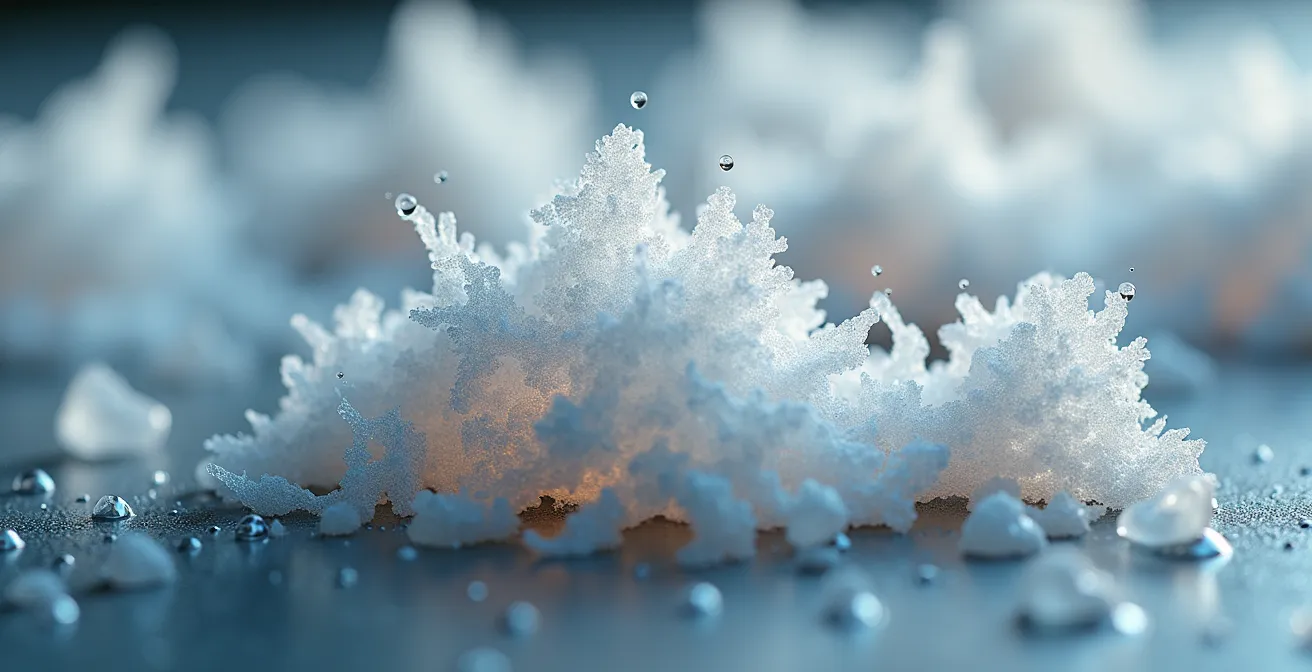 Close-up view of mat fibers crushed and saturated with salt crystals