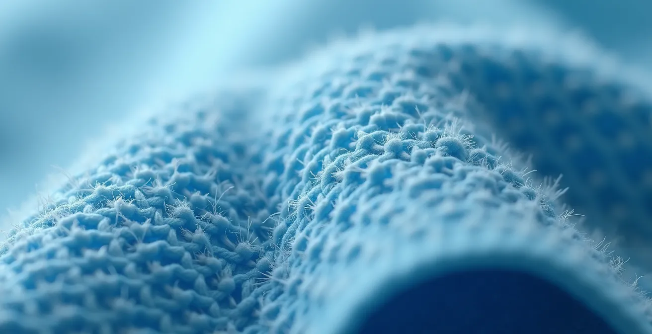 Extreme close-up comparison of microfiber cloth fibers capturing dust particles