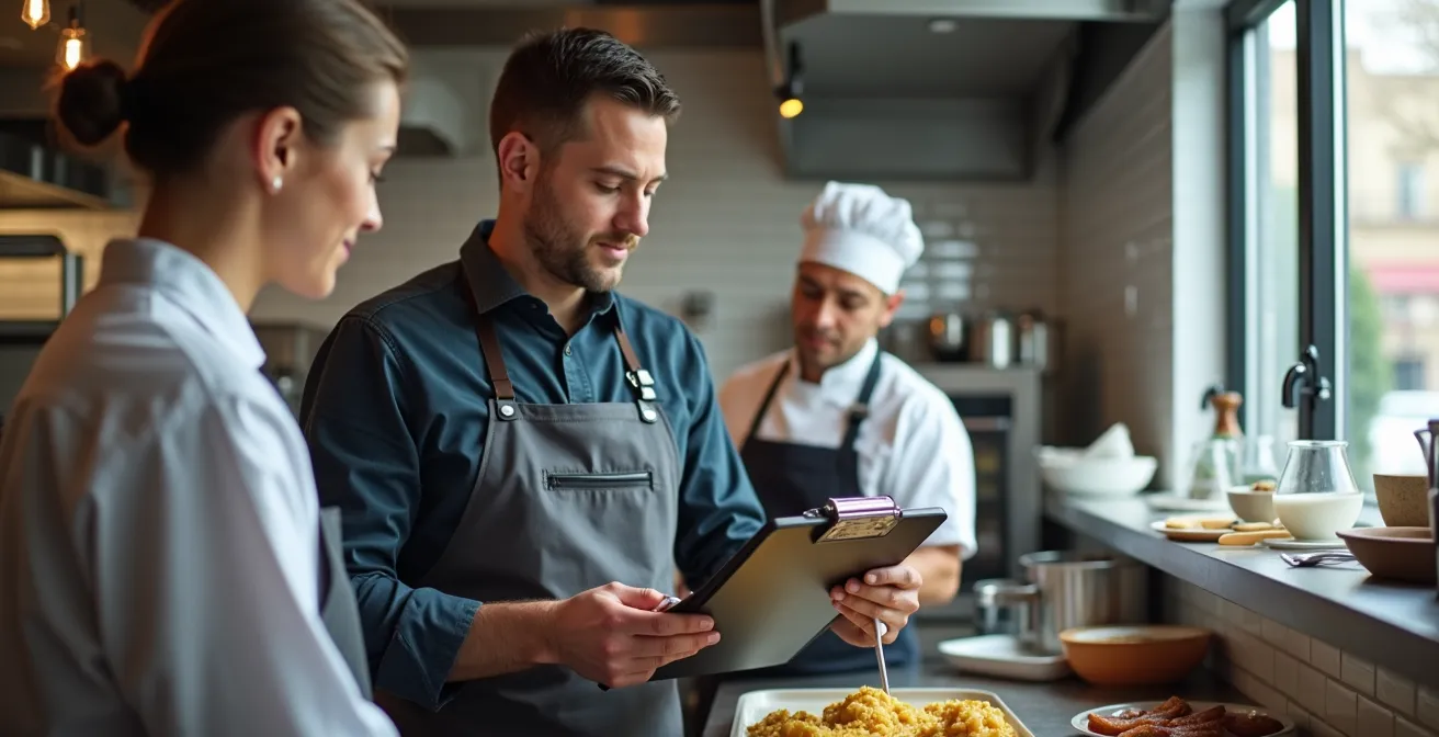 Restaurant manager conducting mock inspection with staff in professional kitchen setting