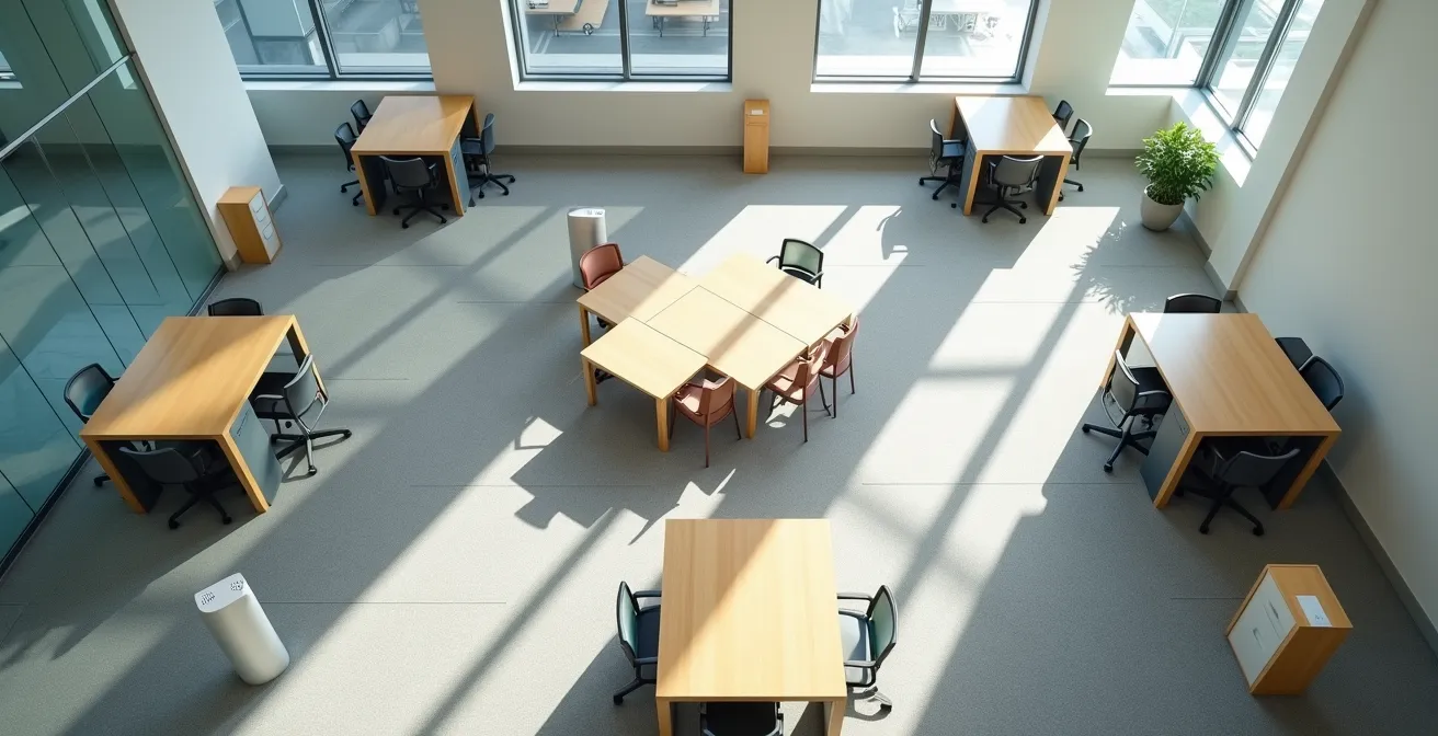 Aerial view of office space designed with efficient cleaning pathways and hygiene stations