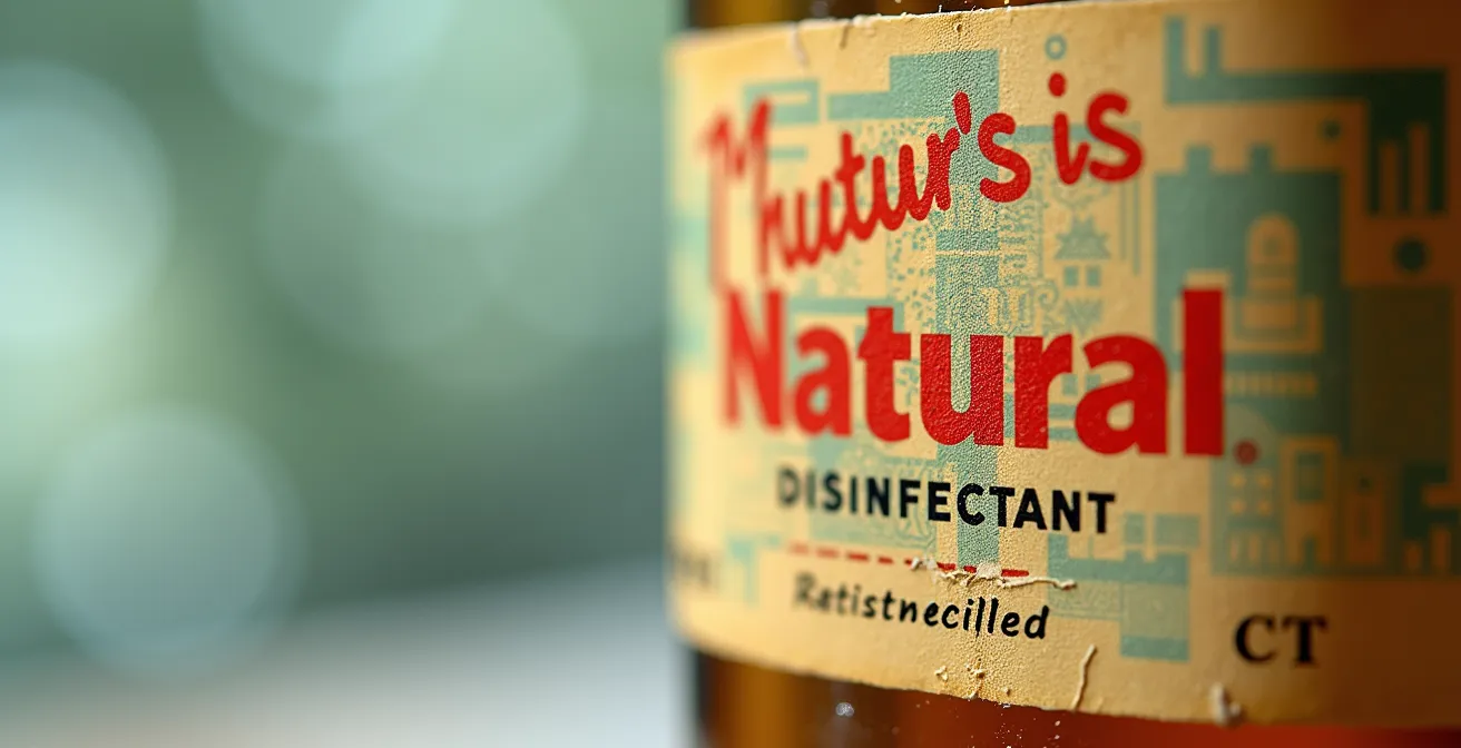Extreme close-up of recalled natural disinfectant bottle showing texture and detail
