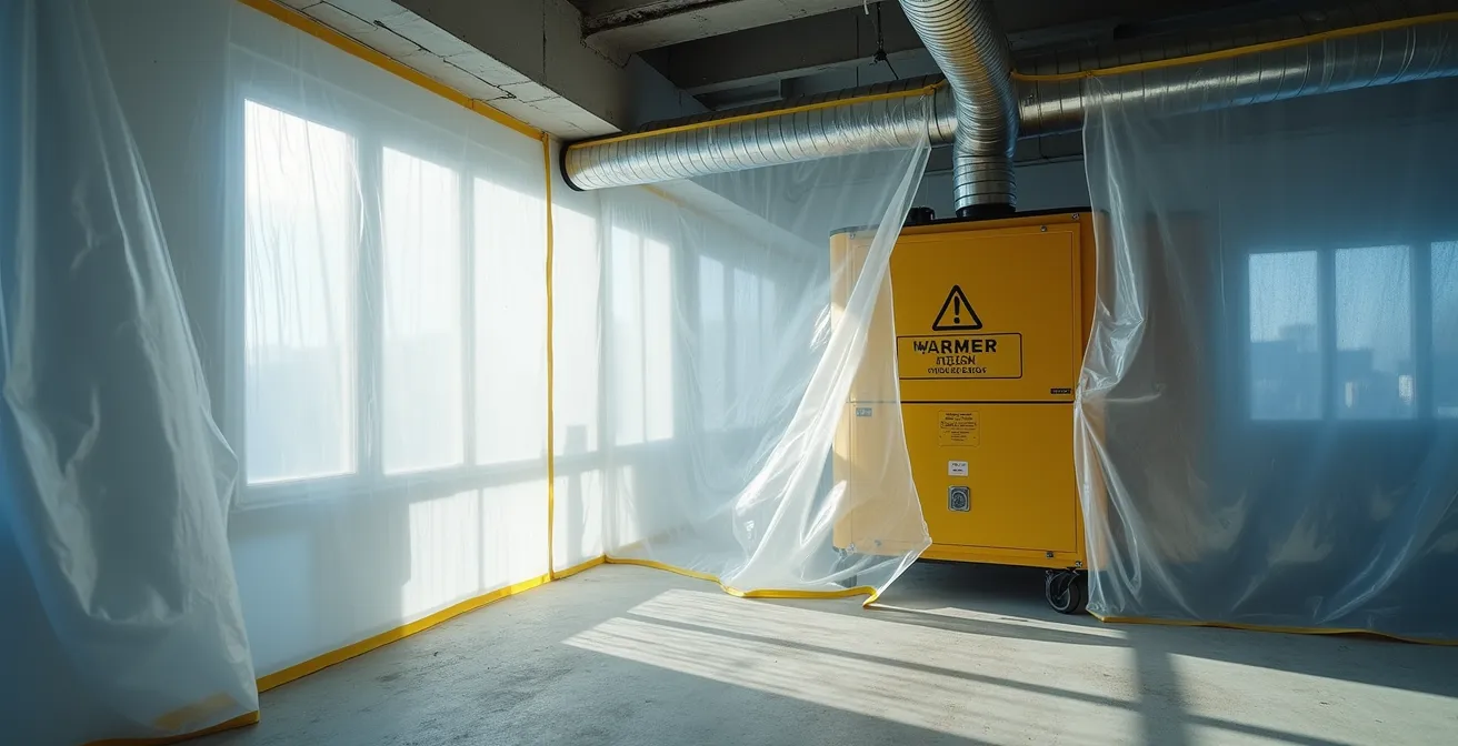 Professional containment zone with plastic sheeting and air scrubber creating negative pressure