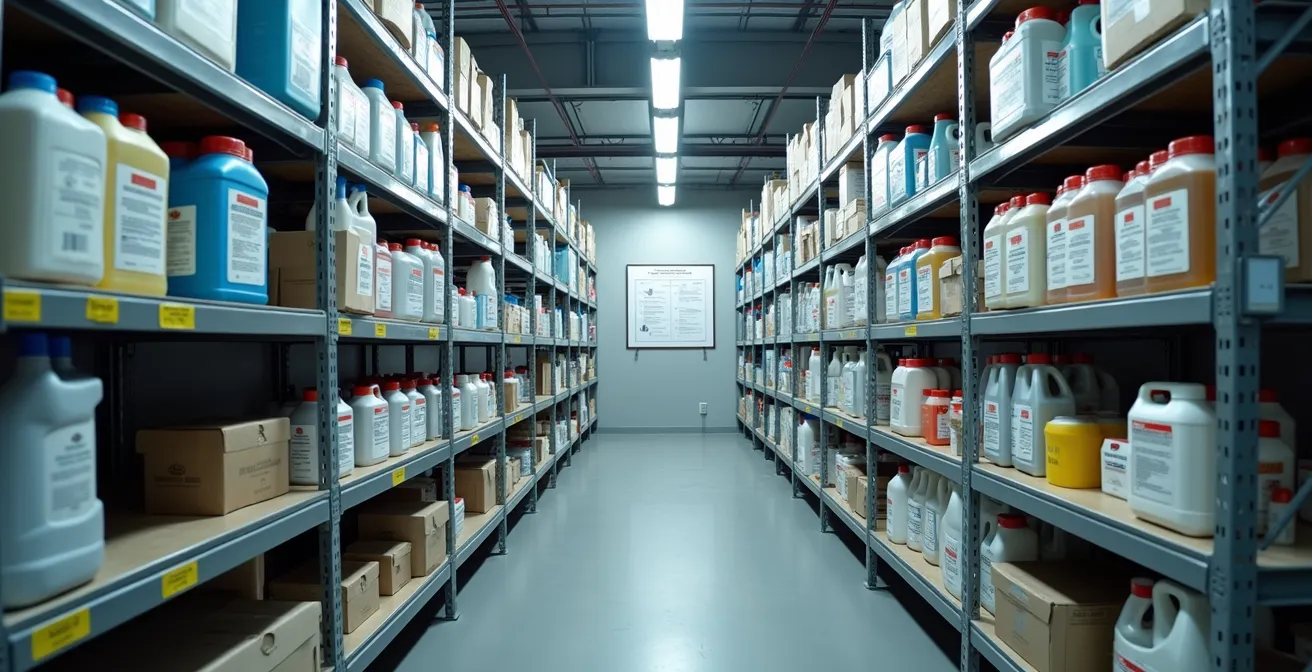 Wide angle view of organized chemical storage room with systematic shelving and inventory management